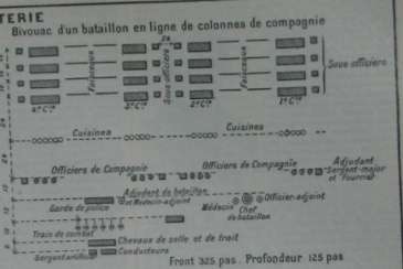 Bivouac d'un bataillon en ligne de colonnes de compagnie - Front 325 pas - Profondeur 125 pas 